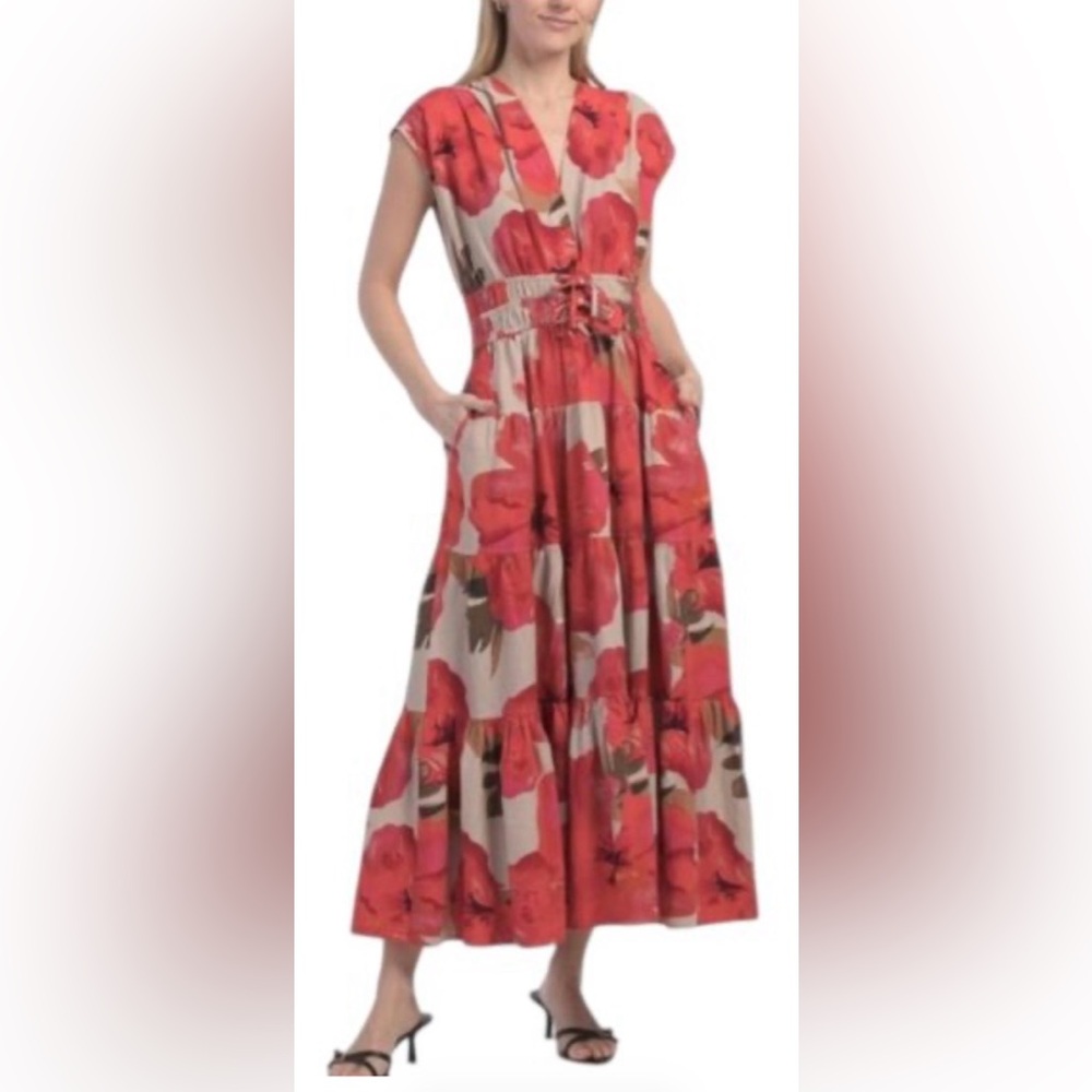 Rachel Zoe Red and Beige Floral Linen Blend Dress